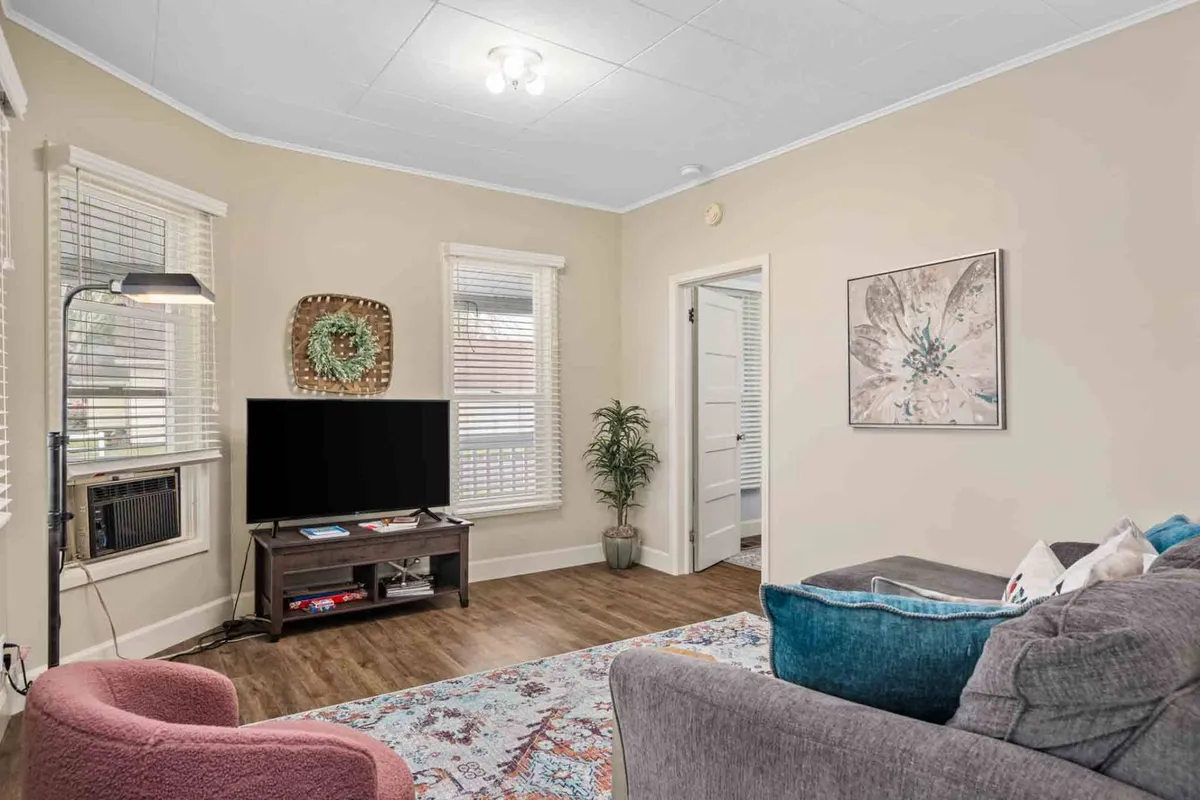 A cozy living area with a comfortable sofa, television, vibrant artwork, a leafy houseplant, and a textured rug. The space feels inviting and is clearly designed for relaxing, socializing, or enjoying a movie night. The decor blends contemporary touches with homey accents, reflecting an updated yet storied atmosphere.